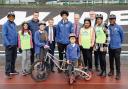 Dean Hill - Sport England, Mayor Andy Street, campaigner Dave Viner, Adam Tranter - cycling and walking commissioner, with cyclists Al Campbell, Harby Duggal, Street, Kristian Larigo, Tracy McLean, Chrystal Campbell, Sam Henry, Scarlett and Noah, front.