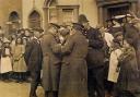 SIGNING UP: Recruitment taking place in front of Tudor House in Chaddesley Corbett in 1914.