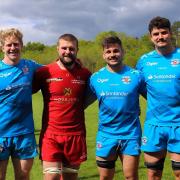 LOAN: Four Worcester warriors players in action as Jersey Reds beat Hartpury University RFC in the Greene King IPA Championship. From left to right: Scott van Breda, Morgan Monks, Matti Williams, James Scott.