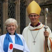 LAY READER: Christine Hickman-Smith after the admission service with the Bishop of Worcester, Dr John Inge.