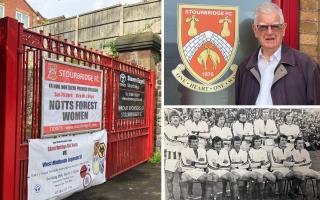 Stourbridge Football Club gate, left, president Hugh Clark, top right, the 1974 Welsh Cup final squad, bottom left.