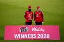 England's Moeen Ali (left) and Eoin Morgan celebrate with the trophy after winning the Vitality IT20 series against Australia at the Ageas Bowl, Southampton in September. Pic: Dan Mullan/NMC Pool/PA Wire.