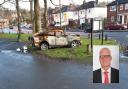 One of the burnt out cars at Wollescote Park, Cllr Richard Body (inset)
