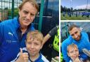Lewis Cross, aged 12, from Quarry Bank, with Italy’s head coach Roberto Mancini, left, and with goalkeeper Gianluigi Donnarumma, right; and the Italian team on the pitch at The Dell, top right. Pic - Alex Cross