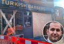 The front of the barbers shop has been destroyed  INSET:  Owner Mohammed Aziz is reeling