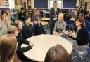 Education secretary Nicky Morgan, right, and Stourbridge MP Margot James speaking to pupils and staff at Redhill School.