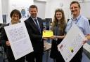 James Rennison, of Kendrick Homes, presenting the prize to King Edward VI College student Naomi Reed, alongside principal Remley Mann and subject leader Stewart Monk