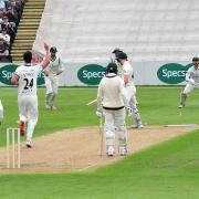 Action from day one of Worcestershire's Domestic First Class Multi Day match against Australia at New Road, Worcester.....Josh Tongue celebrates bowling Cameron Bancroft for 33...Pic Jonathan Barry 7.8.19.