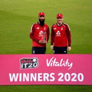England's Moeen Ali (left) and Eoin Morgan celebrate with the trophy after winning the Vitality IT20 series against Australia at the Ageas Bowl, Southampton in September. Pic: Dan Mullan/NMC Pool/PA Wire.