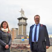Mike Wood MP with Eilis Scott from Historic England at the Brierley Hill war memorial.