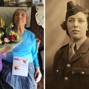 Edith Raybold, on her 102nd birthday, and in her British Army days during the Second World War