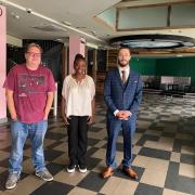 L-r - James Anderson Brown, Diana Boateng and Sam Binks inside the old bar in the Ryemarket which they hope to turn into a cinema