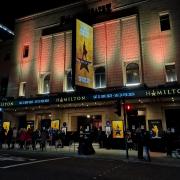 The eye catching exterior of the Palace Theatre, showcasing the musical Hamilton