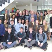 Sir Ian McKellen - surrounded by students and staff from Haybridge High School and Sixth Form at his recent visit.