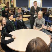Education secretary Nicky Morgan, right, and Stourbridge MP Margot James speaking to pupils and staff at Redhill School.