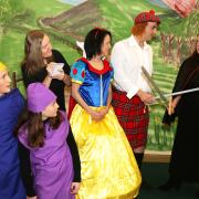 L-r - Ben Jackson, aged 13, Olivia Jackson, aged 11, Vi Wood as the reporter, Shelley Plant as Snow White, Mike Brownhill as the Huntsman and Laura Liptrot as the Evil Queen.