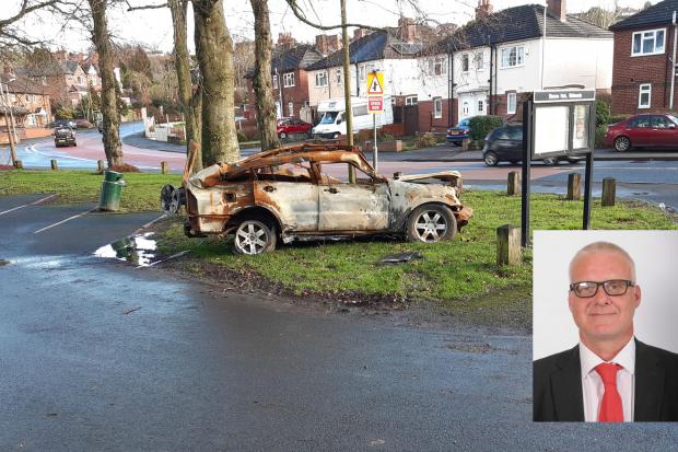 One of the burnt out cars at Wollescote Park, Cllr Richard Body (inset)