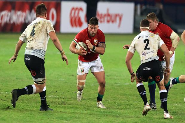 PRETORIA, SOUTH AFRICA - JULY 10:  Rory Sutherland of the Lions charges upfield during the match between the Cell C Sharks and the British & Irish Lions at Loftus Versfeld Stadium on July 10, 2021 in Pretoria, South Africa. (Photo by David