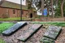 St Mary's Church at Enville, picture by Google Street View, and the three templar graves outside - pic by Bev Holder.