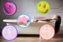 (Background) A woman in a bath. (Canva) (Circles) Bath bombs from Lush and Claire's (Lush and Claire's)