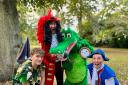 L-r - Charlie Bullock (Peter Pan) Christopher Maloney (Captain Hook) Lynn Winstanley and Will Phipps