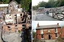 The Crooked House after the fire, left, and right - the rubble remains and how it used to look