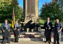 Cllr James Clinton, left, in Mary Stevens Park with some of the  soldier statues donated by Sentinel Plastics Ltd, with Dave Brenton who inspired the project, Steve Hill of Sentinel Plastics Ltd and Bob Partridge from Stourbridge Royal British Legion.