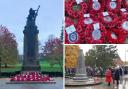 Cenotaph and poppies in Mary Stevens Park, left, top right, (Bev Holder) and the Mayor of Dudley at the war memorial in Dudley, bottom right (Dudley Council).