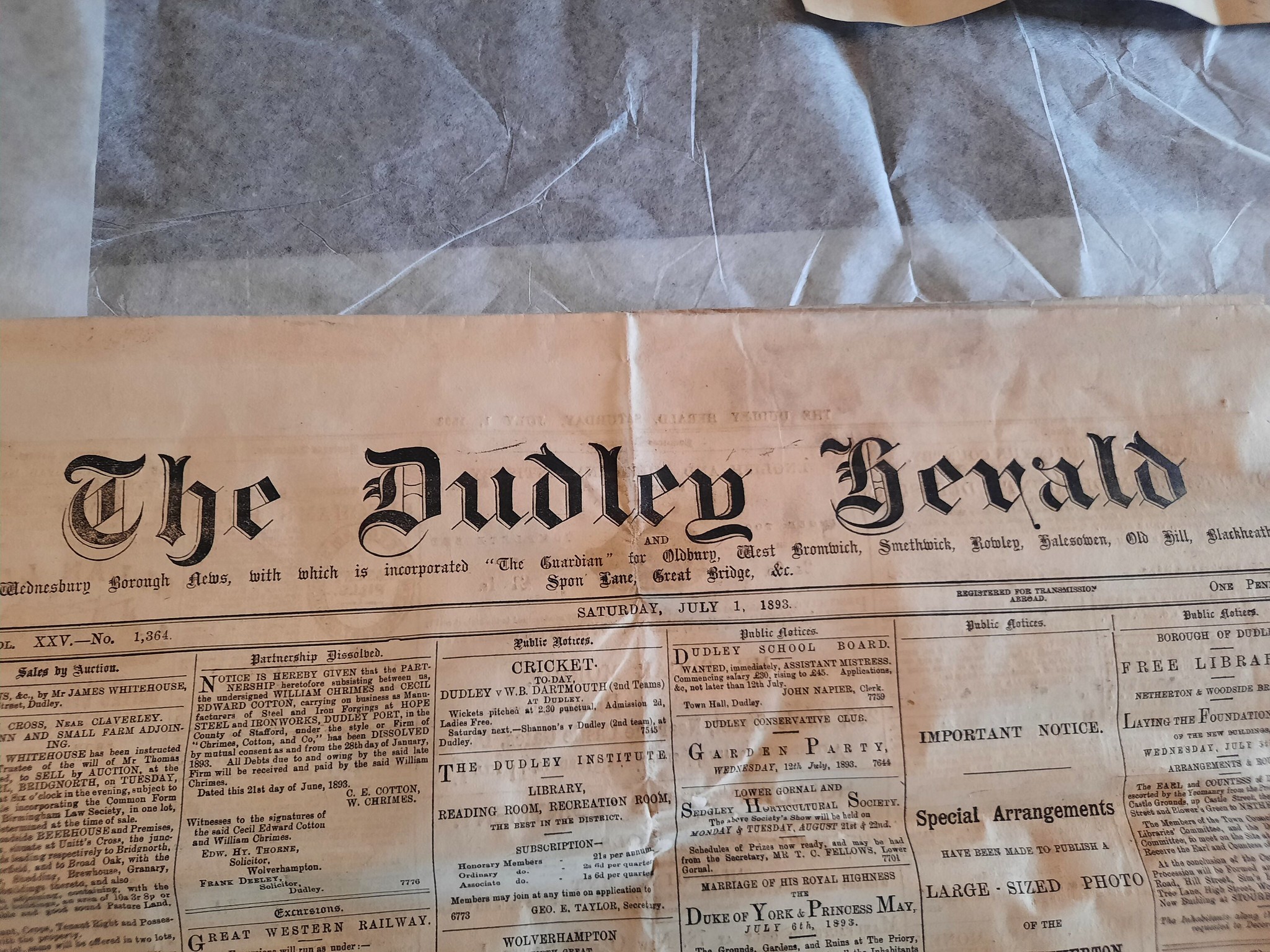 The front page of the Dudley Herald, the newspaper was found with two others in the time capsule.