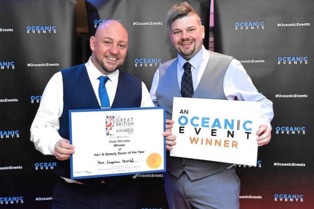 Salon owner Brynn Evans and graduate stylist Peter Crowton picking up the award at The Great British Hair & Beauty Awards 2021 – Volume 2