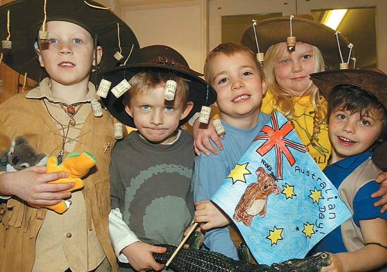  Australia Day at Abbey Park First School in January 2004 with, from left, Thomas Broughton, Tyler Green, Elliot Lancaster, Alice Hill and Harry Adams-Groom