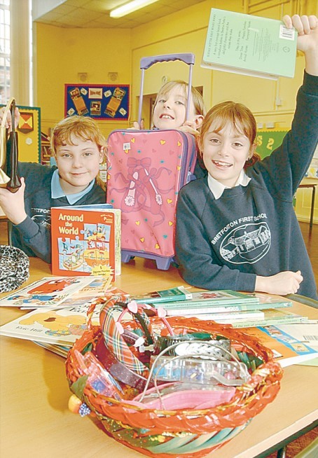Pupils Florrie Porter, Isobel Border and Francesca Gallone, organisers of the Blue Peter Bring and Buy Sale at Bretforton First School in January 2003