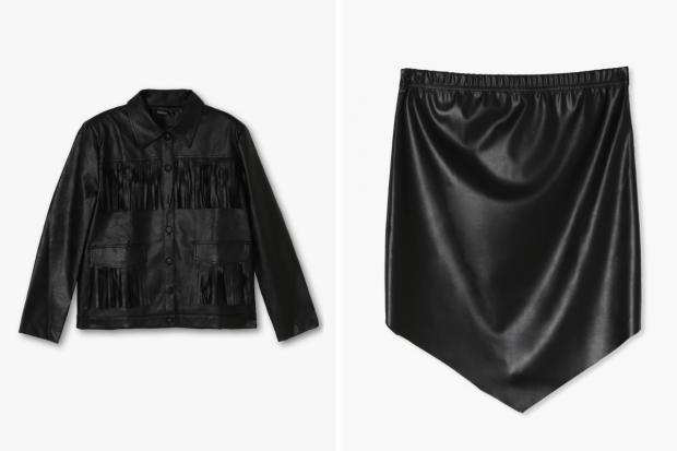 Stourbridge News: (Left) Fringe Faux Leather Jacket and (right) Pointed Hem PU Mini Skirt in black (Boohoo/Canva)