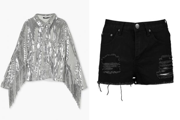 Stourbridge News: (Left) Sequin Fringe Detail Shirt and (right) Petite High Rise Distressed Denim Shorts (Boohoo/Canva)