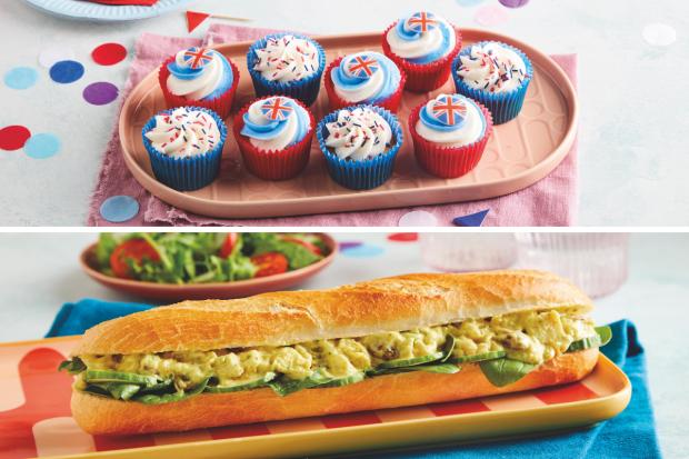 Stourbridge News: (Top) Jubilee Cupcake Platter (bottom) Coronation Chicken Baguette (Morrisons/Canva)