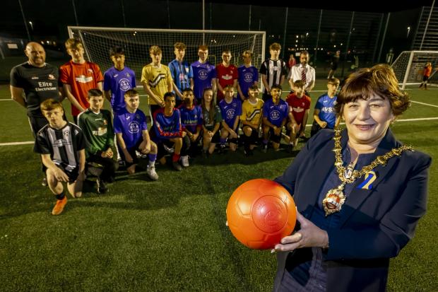 Stourbridge News: Mayor of Dudley, Councillor Anne Millward, with representatives of the Stourbridge & District Football and Youth League who will take part in the festival. Pic - Jonathan Hipkiss