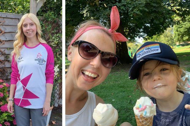 Katie Smith in her baton bearer's outfit and with son Eli, aged five, enjoying ice creams in Mary Stevens Park where Katie will carry the baton ahead of the Commonwealth Games.