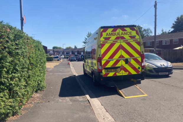 SCENE: An ambulance at the scene in Winchcombe Drive, Worcester on Monday.