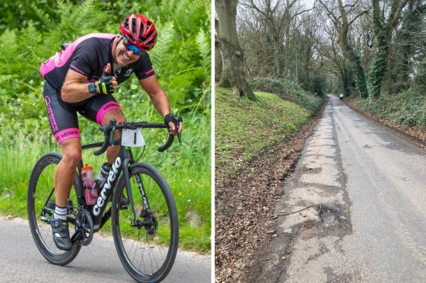 Cyclist Paul Hughes, left, and the pothole ridden stretch of Sugar Loaf Lane