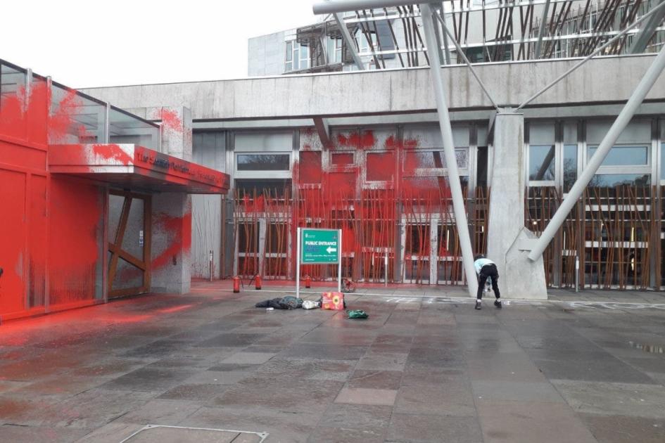 Red paint sprayed on Scottish Parliament in food insecurity protest