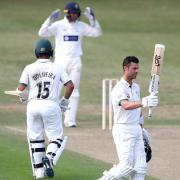 Worcestershire's Jake Libby celebrates his century during day one of The Bob Willis Trophy match at Blackfinch New Road, Worcester..