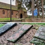 St Mary's Church at Enville, picture by Google Street View, and the three templar graves outside - pic by Bev Holder.