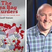 Geoff Tristram and the cover of his new book The Tea Bag Murders (image by Steve Jolliffe)