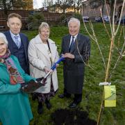 Concentration camp survivor Eva Clarke BEM, Michael Newman OBE from the Association of Jewish Refugees, the Mayor of Dudley, Councillor Sue Greenaway, and Lord Lieutenant Sir John Crabtree CBE at Dudley's Holocaust memorial tree planting (left to right).