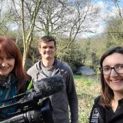 Film-maker Susan Jones with river restoration officers David Howard and Sally Clague by the River Stour