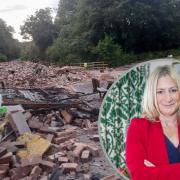Rubble remains of The Crooked House and (inset) Suzanne Webb MP