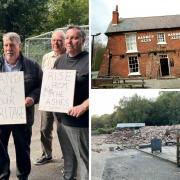 Campaigners with Prof Carl Chinn, The Crooked House and the rubble remains
