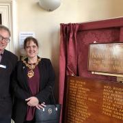Mayor of Dudley, Councillor Andrea Goddard, and chief executive of the Canal and River Trust, Richard Parry, unveil the new honours board at the Bonded Warehouse