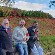 Amblecote councillors Pete Lee, Paul Bradley and Kamran Razzaq unveil the sea of poppies that has been created in Amblecote for Remembrance