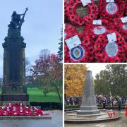 Cenotaph and poppies in Mary Stevens Park, left, top right, (Bev Holder) and the Mayor of Dudley at the war memorial in Dudley, bottom right (Dudley Council).